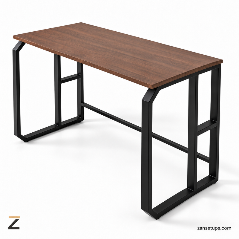 Kentro Desk with brown tabletop and black steel frame — right-facing three-quarter view
